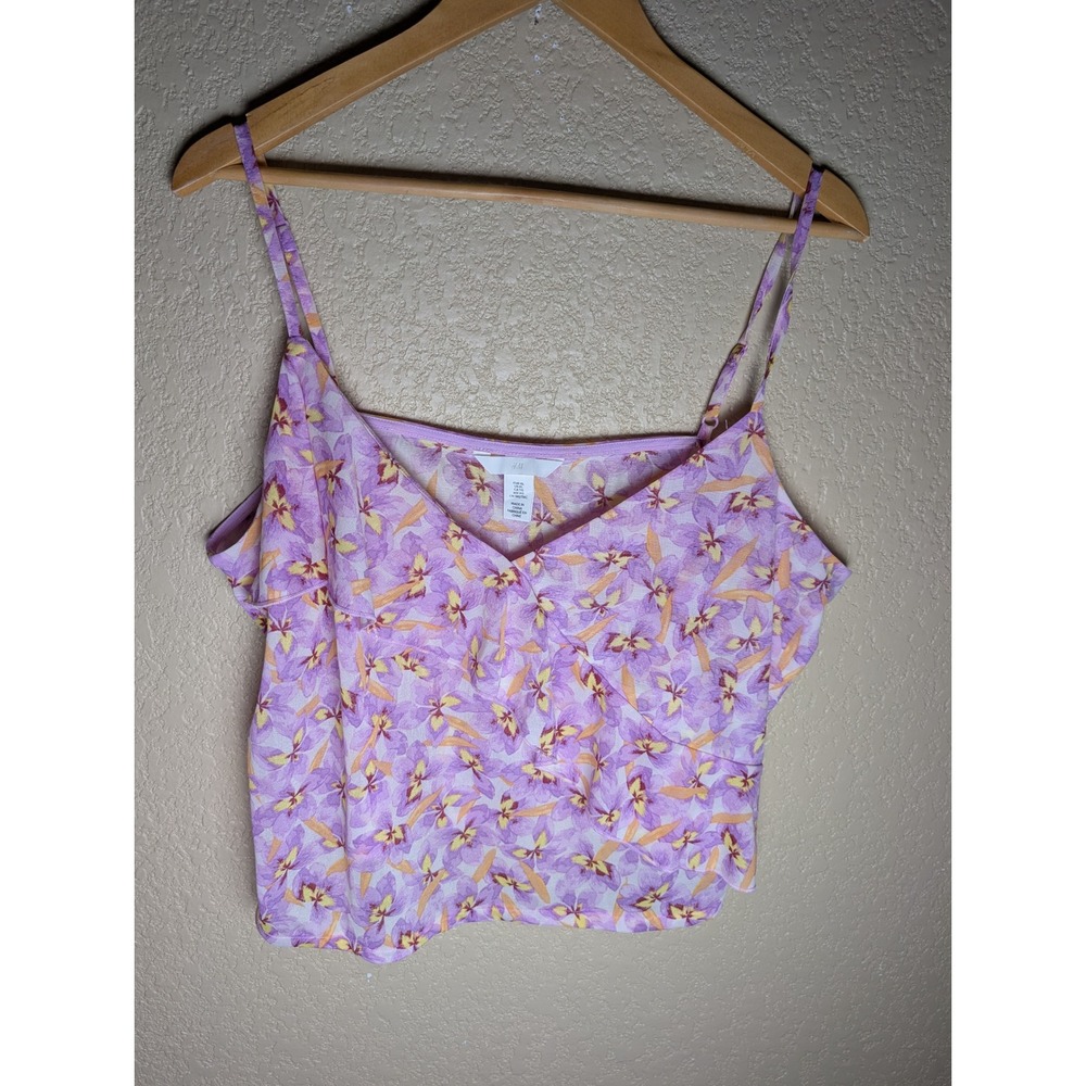H&M Womens XL Lavender Floral Ruffle Cami Top Y2K Whimsical Boho Tropical